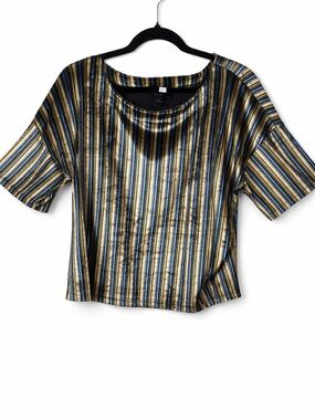 Lumiere Blue Gold Velvet Burnout Striped Short Sleeve Top Blouse Shimmer Formal